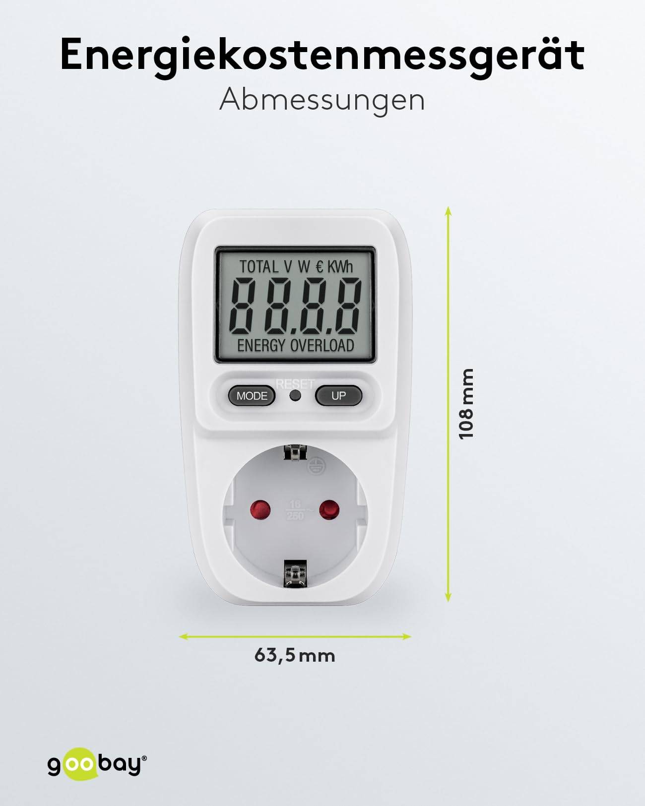 Goobay 64589 Digitales Energiekostenmessgerät Basic / Steckdose Stromzähler 3680W 16A 230V / Strommessgerät / LC Display-4
