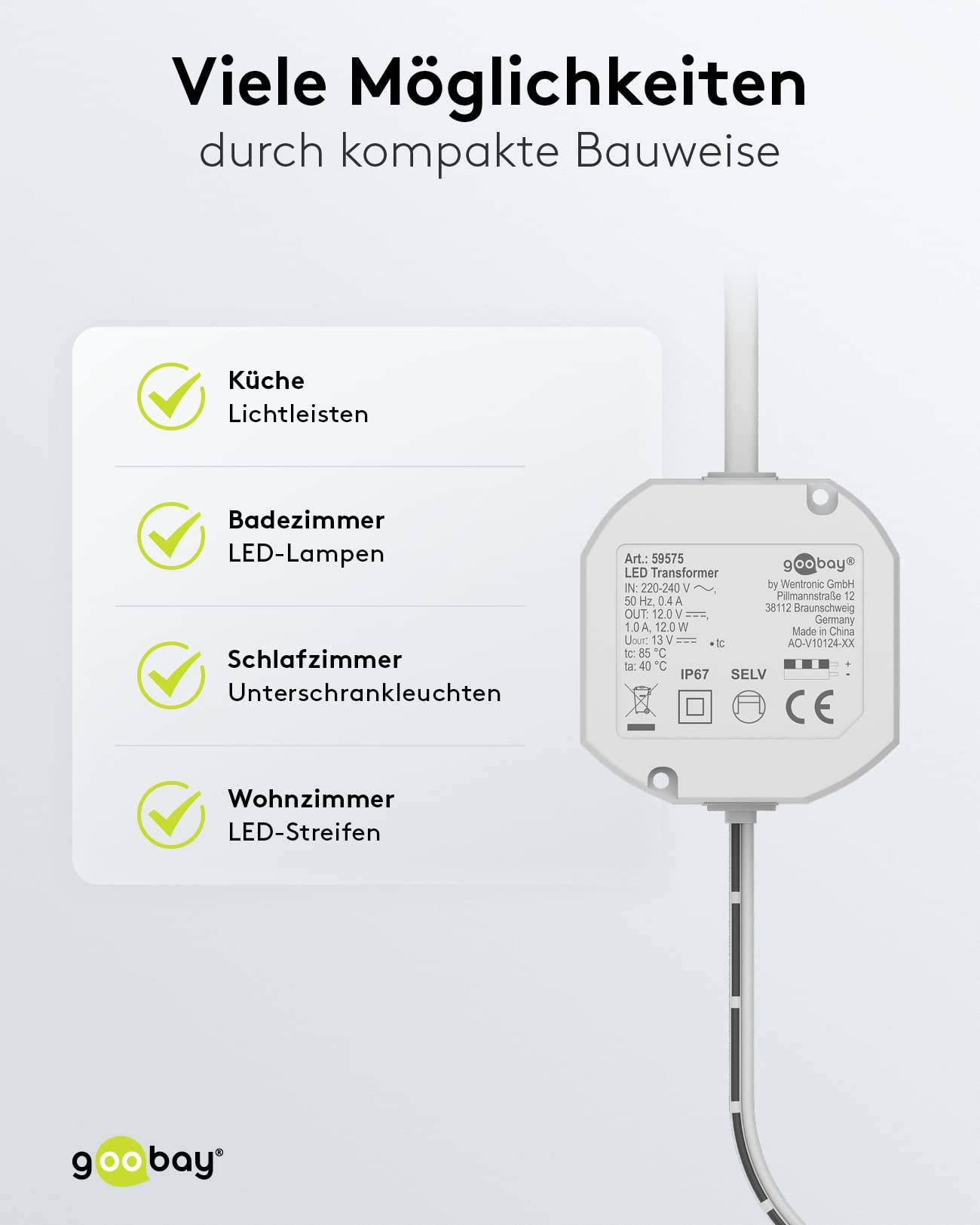 Goobay 59575 LED Trafo 230V auf 12V Gleichspannung (DC) / 12W LED Beleuchtung / IP67 Außen LED Treiber / Transformator-5