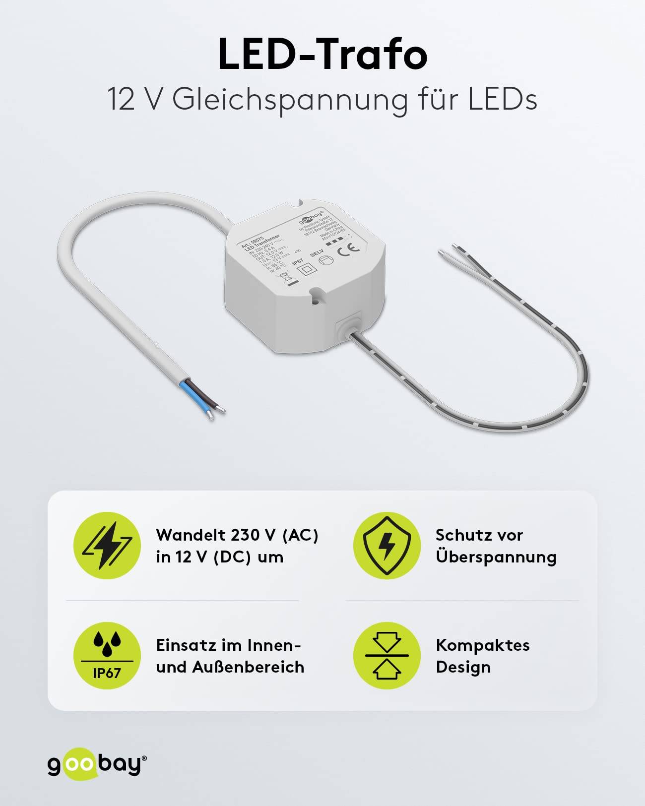 Goobay 59575 LED Trafo 230V auf 12V Gleichspannung (DC) / 12W LED Beleuchtung / IP67 Außen LED Treiber / Transformator-1