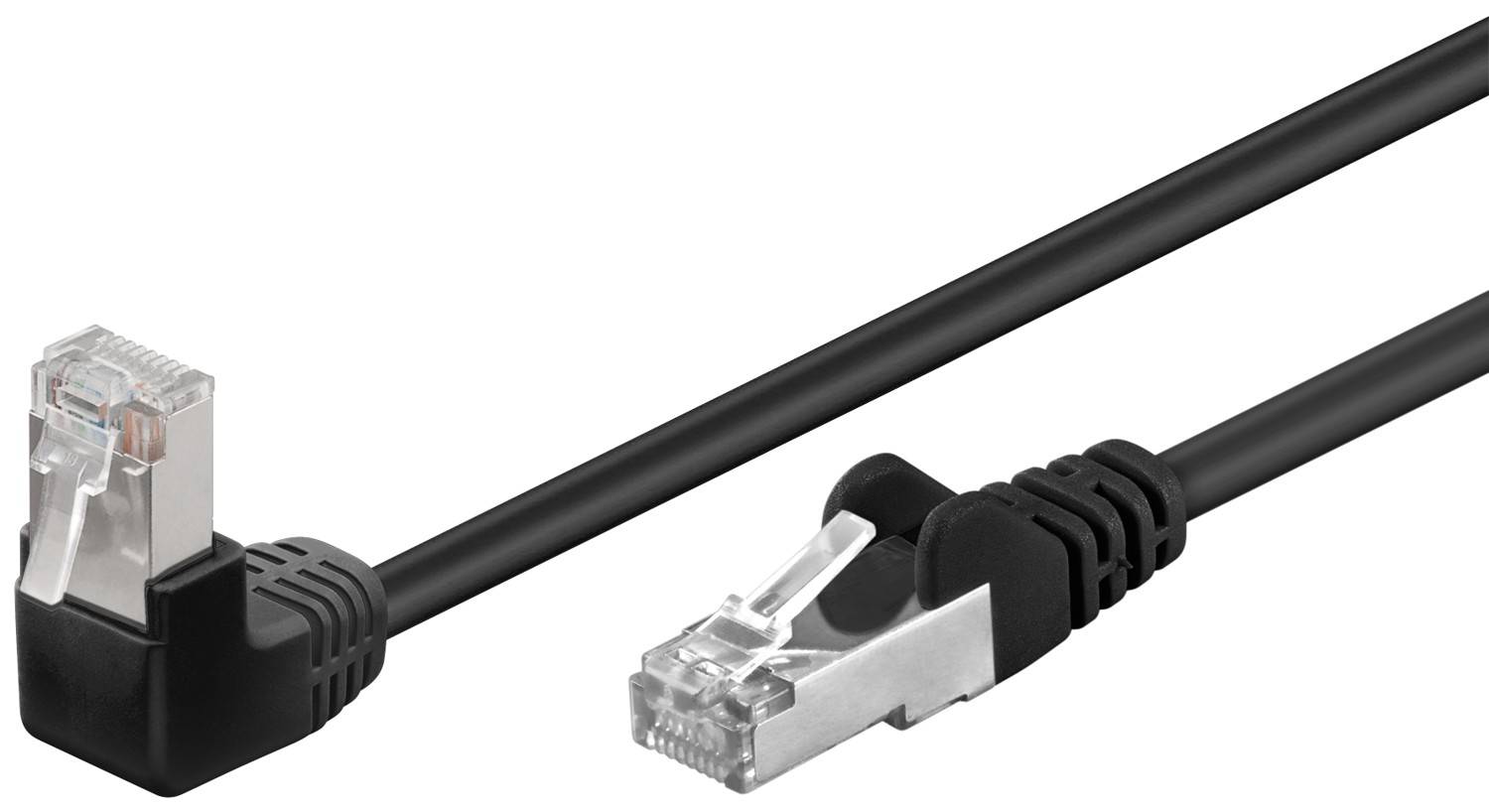 Goobay 94185 CAT 5e Netzwerkkabel F/UTP / 1x RJ45 Stecker 90 Grad gewinkelt / CCA Leiter Ethernet Kabel Schwarz / 0,25m-0