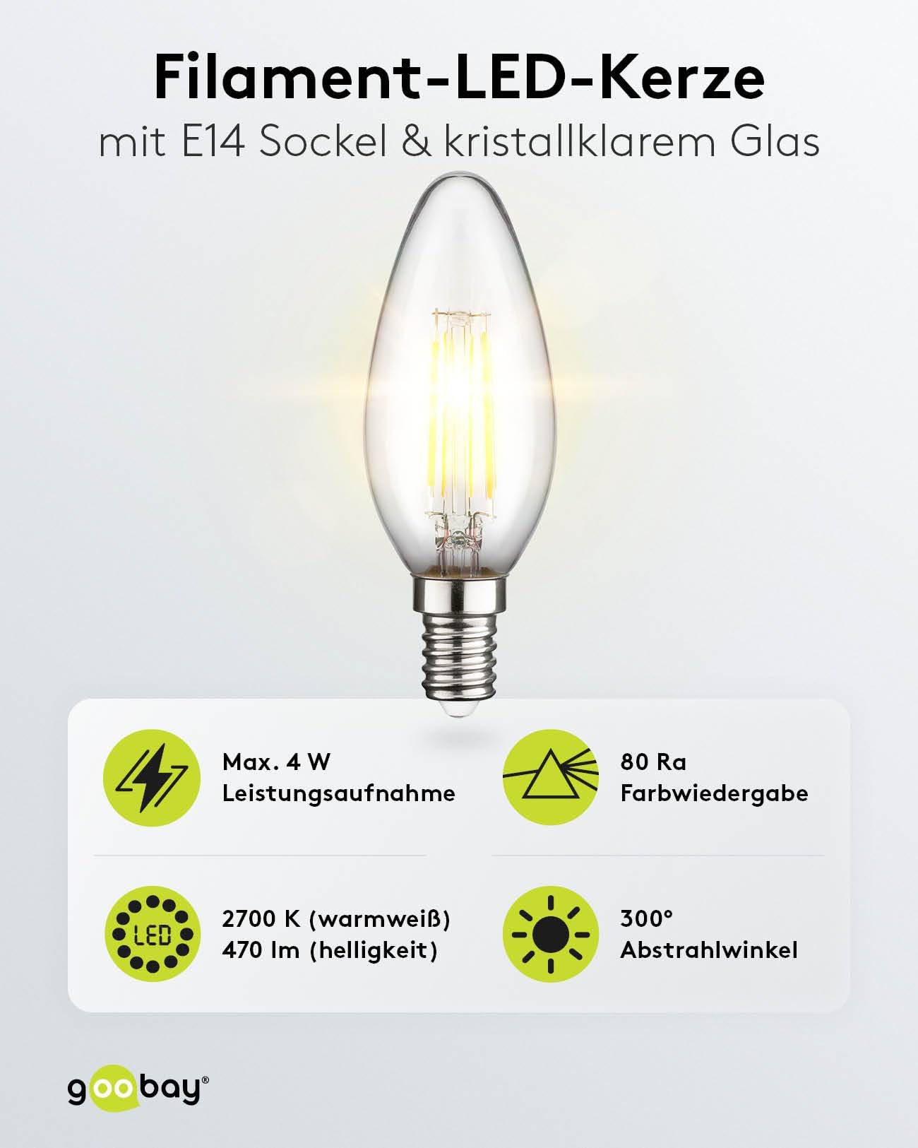 Goobay 65390 LED Glühbirne E14 Kerzenform 4 Watt / LED Birne warmweiß 2700 K / Kerzenbirne / LED Glühlampe Filament-1