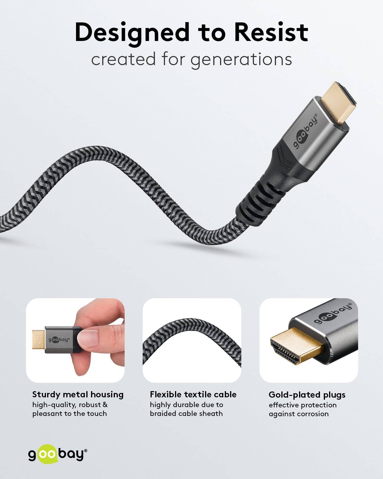 Goobay Plus 64996 Highspeed HDMI Kabel Ethernet UHD 4K @ 60Hz Monitorkabel 18 Gbits Textilkabel Shark Skin / Grau / 5m-2