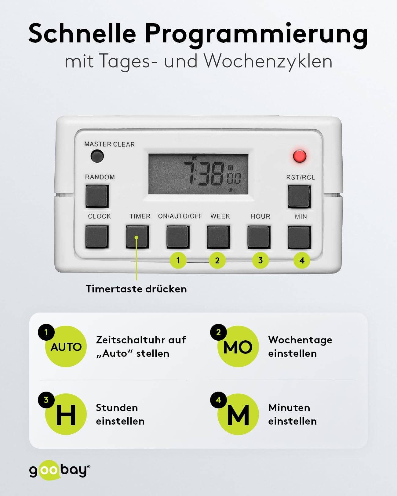 Goobay 93256 Digitale Zeitschaltuhr 3600W / 4 Tage Akku / Innen Schaltuhr für Steckdose / Timer 1 Min Takt / LCD Display-5