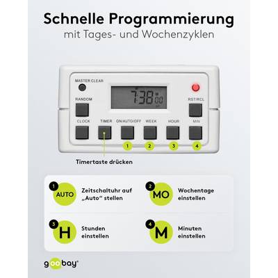 Goobay 93256 Digitale Zeitschaltuhr 3600W / 4 Tage Akku / Innen Schaltuhr für Steckdose / Timer 1 Min Takt / LCD Display-5