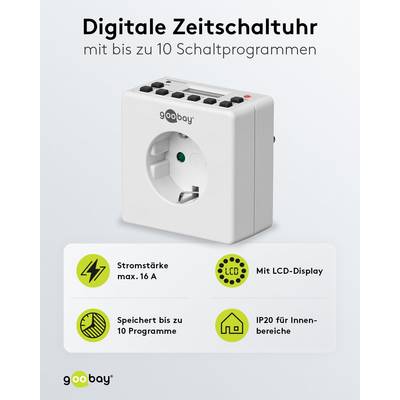Goobay 93256 Digitale Zeitschaltuhr 3600W / 4 Tage Akku / Innen Schaltuhr für Steckdose / Timer 1 Min Takt / LCD Display-1