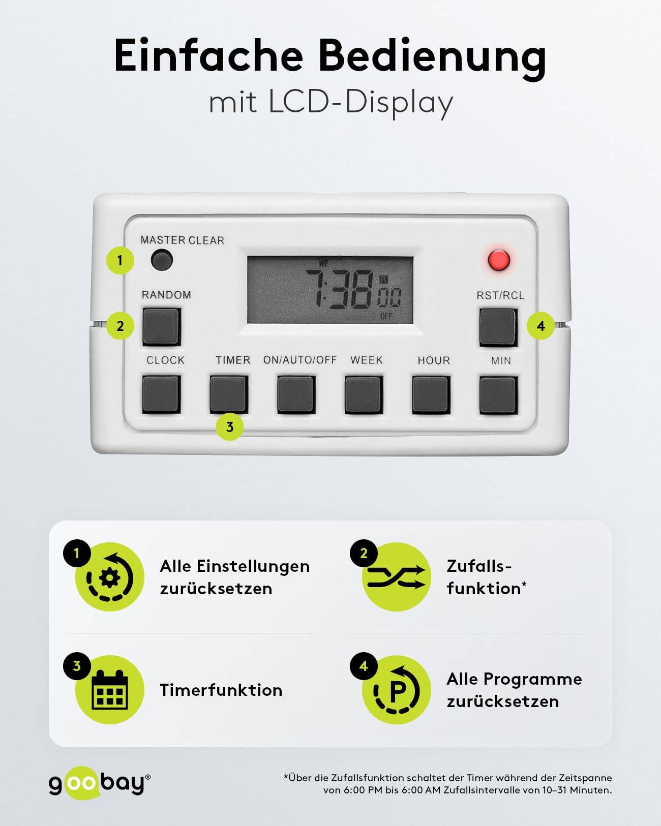 Goobay 93256 Digitale Zeitschaltuhr 3600W / 4 Tage Akku / Innen Schaltuhr für Steckdose / Timer 1 Min Takt / LCD Display-4