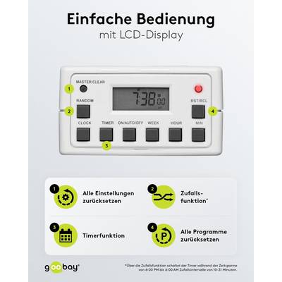Goobay 93256 Digitale Zeitschaltuhr 3600W / 4 Tage Akku / Innen Schaltuhr für Steckdose / Timer 1 Min Takt / LCD Display-4