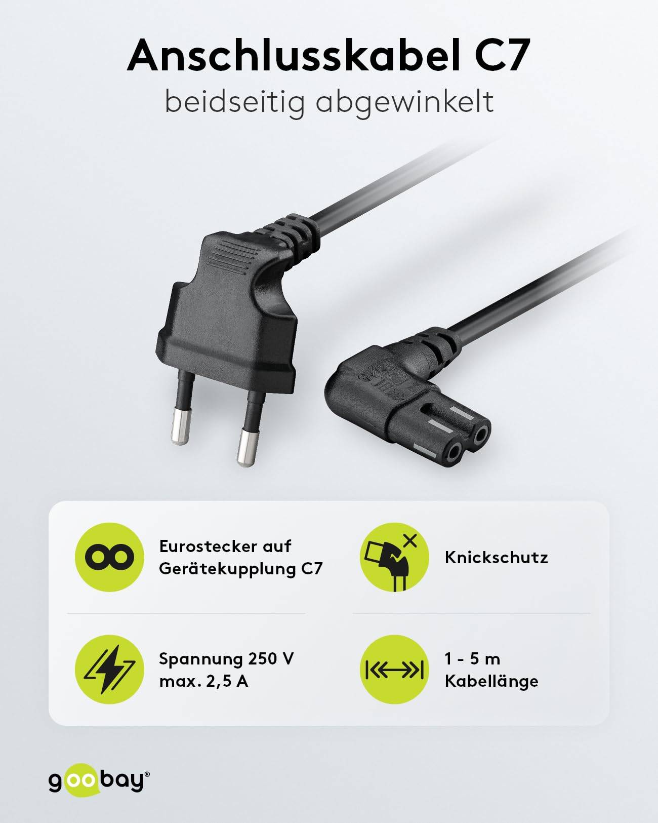 Goobay 73021 SONOS Netzkabel 90° abgewinkelt / Eurostecker auf C7 Buchse / SONOS Stromkabel Eurokabel / Schwarz / 5m-1