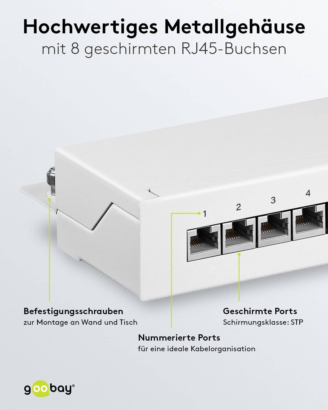 Goobay 62069 CAT 6 Patch Panel 8 Port RJ45 Buchsen für Netzwerkkabel 250 MHz Patchfeld LAN Verteilerfeld Desktop Weiß-3
