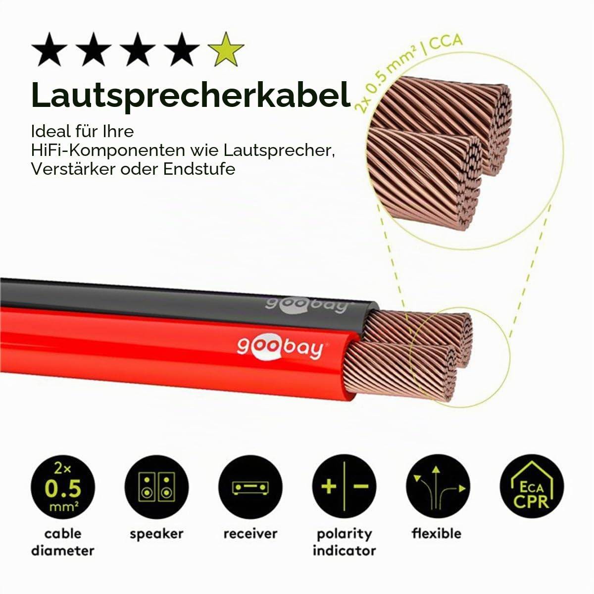 Goobay 56707 Lautsprecherkabel 2x 0,5mm² CCA Litze / Audiokabel Boxenkabel / Subwoofer Kabel / Rot Schwarz / 100m-1