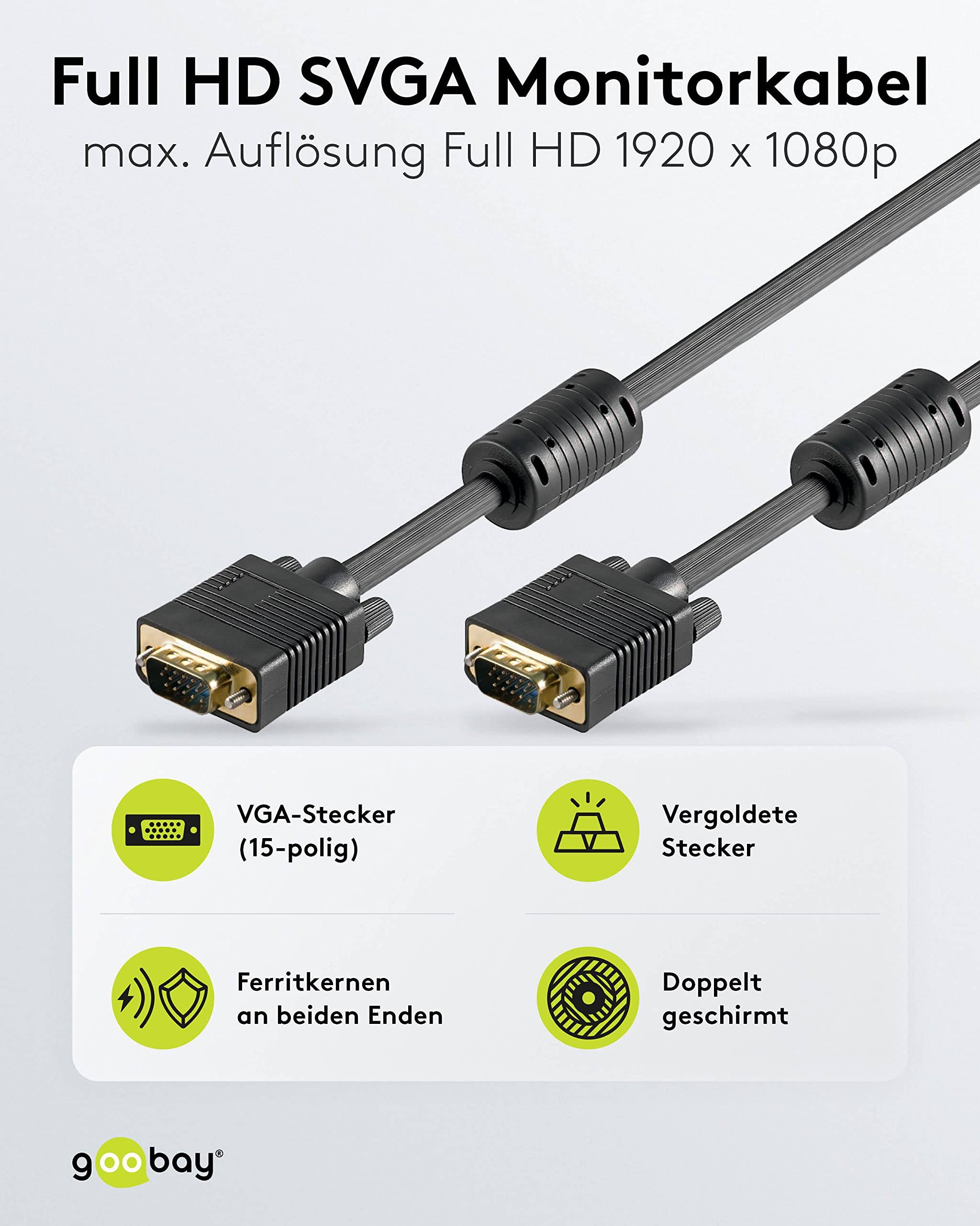 Goobay 50490 VGA auf VGA Kabel / Monitorkabel Full HD / VGA 15 polig / 2x Ferritkerne / Bildschirmkabel / Schwarz / 5m-1