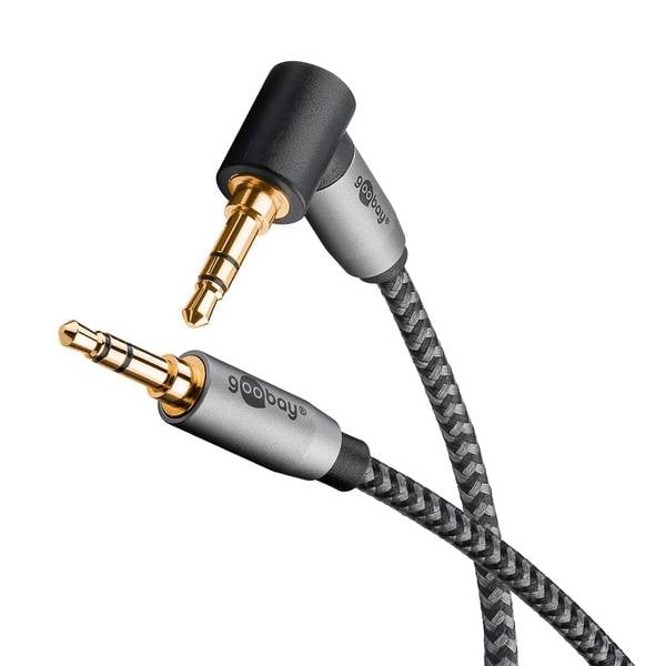 Goobay Plus 65283 AUX Kabel 3,5 mm Klinkenstecker / 90 Grad Klinke / Klinkenkabel / Textilkabel Shark Skin Grau / 5m
