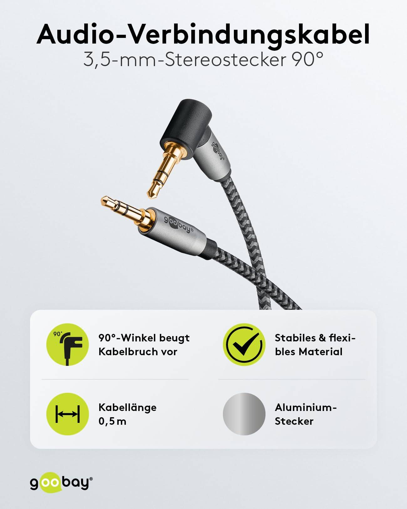 Goobay Plus 65277 AUX Kabel 3,5 mm Klinkenstecker / 90 Grad Klinke / Klinkenkabel / Textilkabel Shark Skin Grau / 0,5m-1