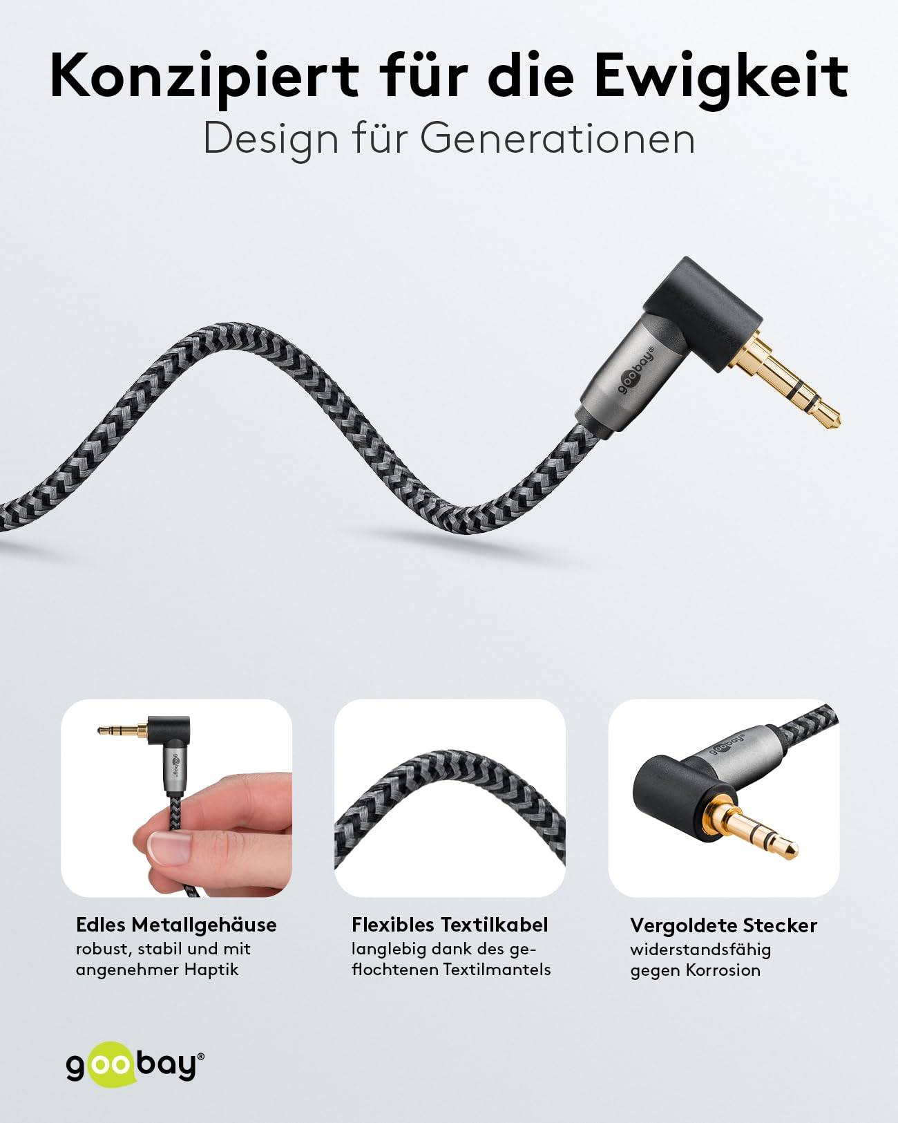 Goobay Plus 65277 AUX Kabel 3,5 mm Klinkenstecker / 90 Grad Klinke / Klinkenkabel / Textilkabel Shark Skin Grau / 0,5m-2