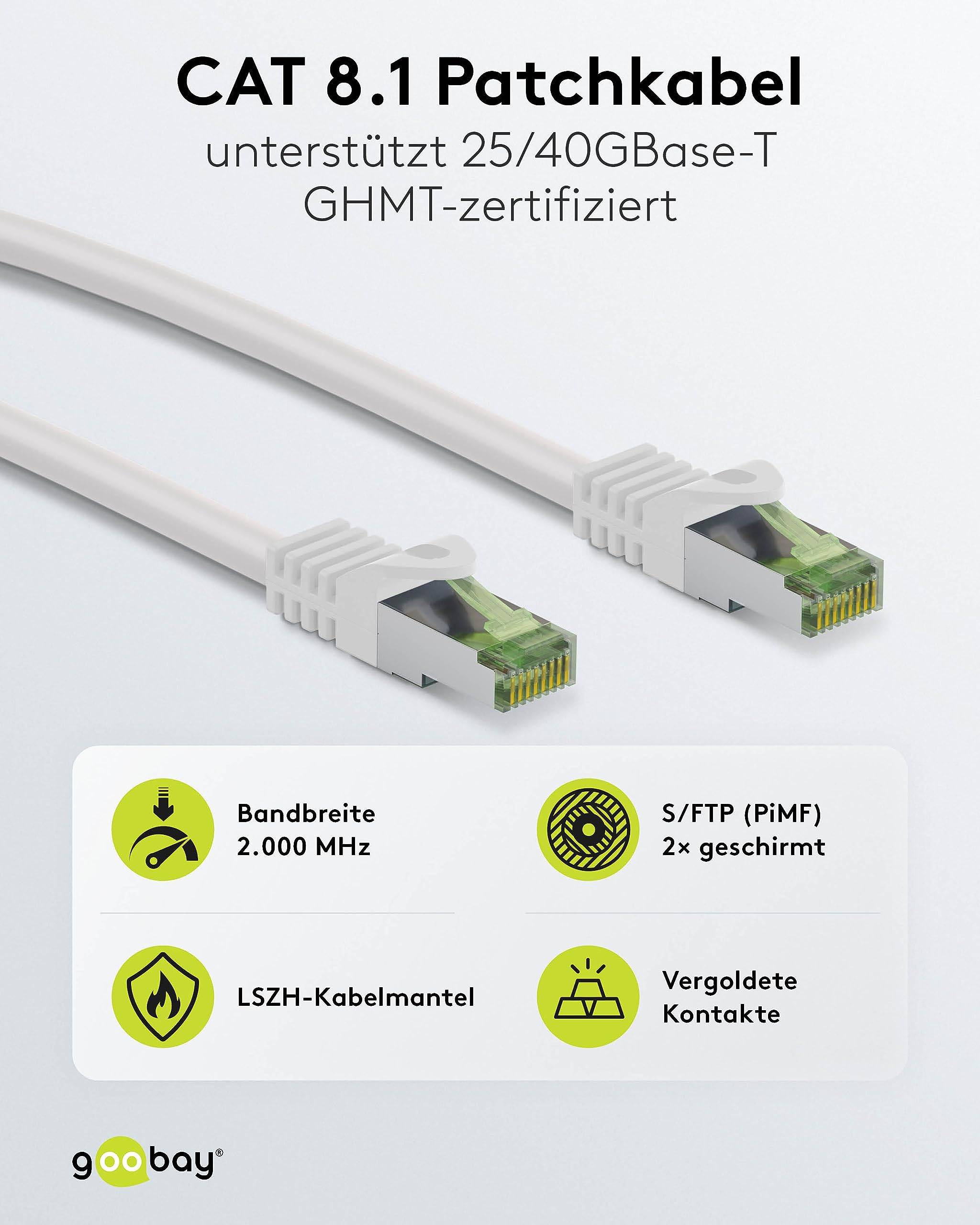 Goobay 61103 CAT 8.1 Patchkabel GHMT zertifiziert S/FTP PiMF halogenfrei 2 GHz Netzwerkkabel Internetkabel Weiß 0,5m-1