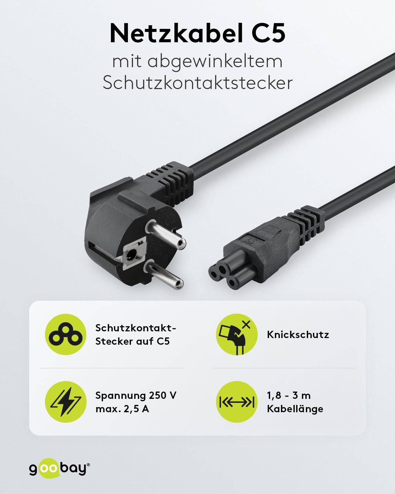 Goobay 68004 Netzkabel 90 Grad Schutzkontaktstecker & C5 Stecker Universal Stromkabel Kleeblattstecker / Schwarz / 1,80m-1