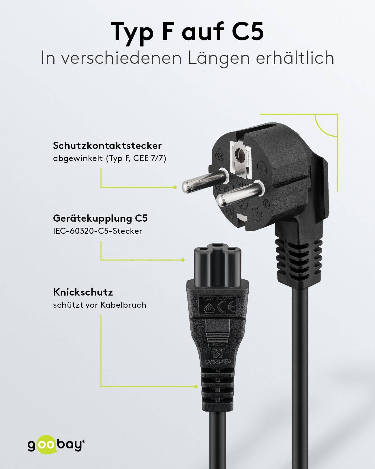 Goobay 68004 Netzkabel 90 Grad Schutzkontaktstecker & C5 Stecker Universal Stromkabel Kleeblattstecker / Schwarz / 1,80m-2
