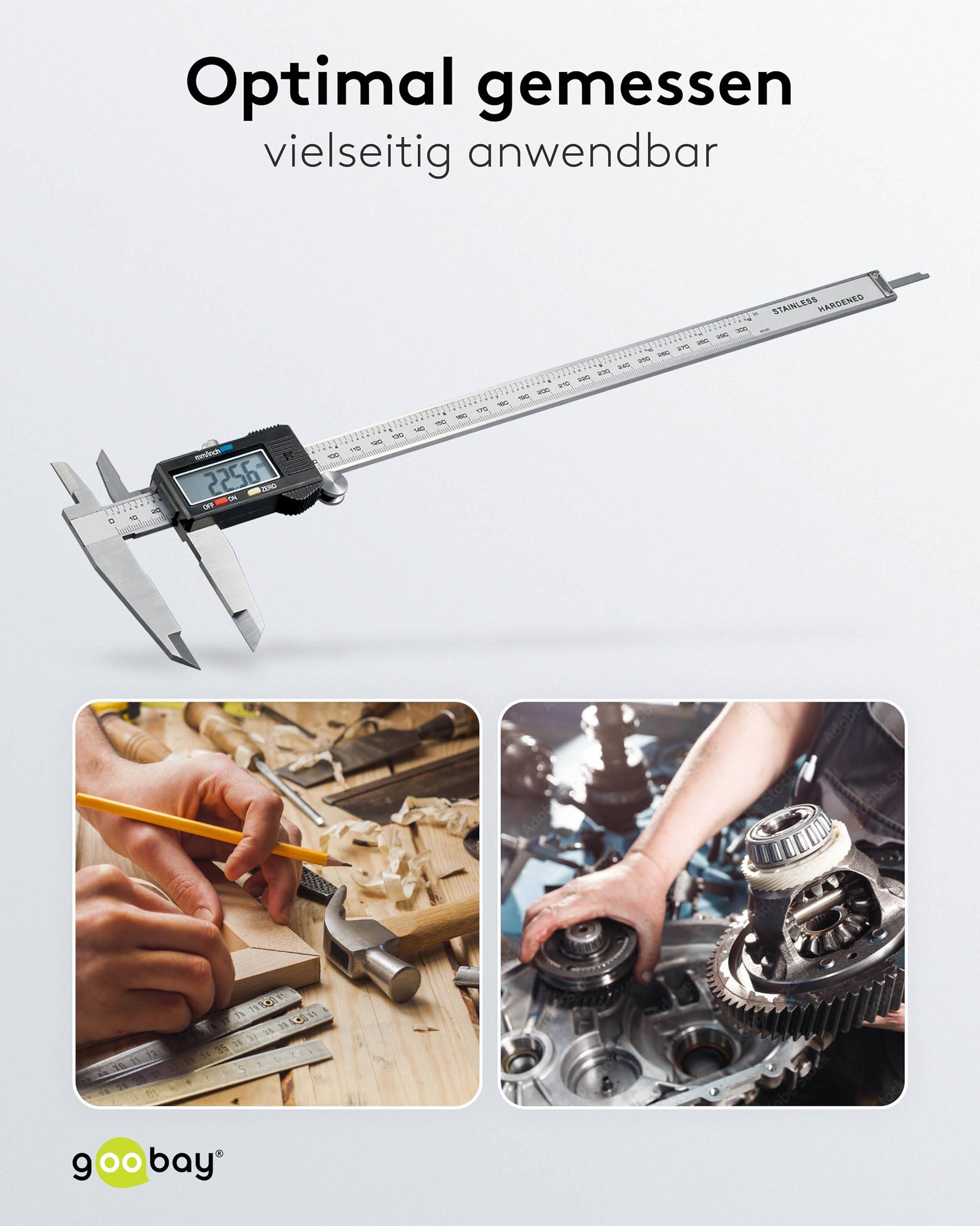 Goobay 77139 Digitaler Messschieber 300 mm Elektrische Schieblehre 12 Zoll für Tiefen-, Außen- & Stufenmessungen, Stahl-5