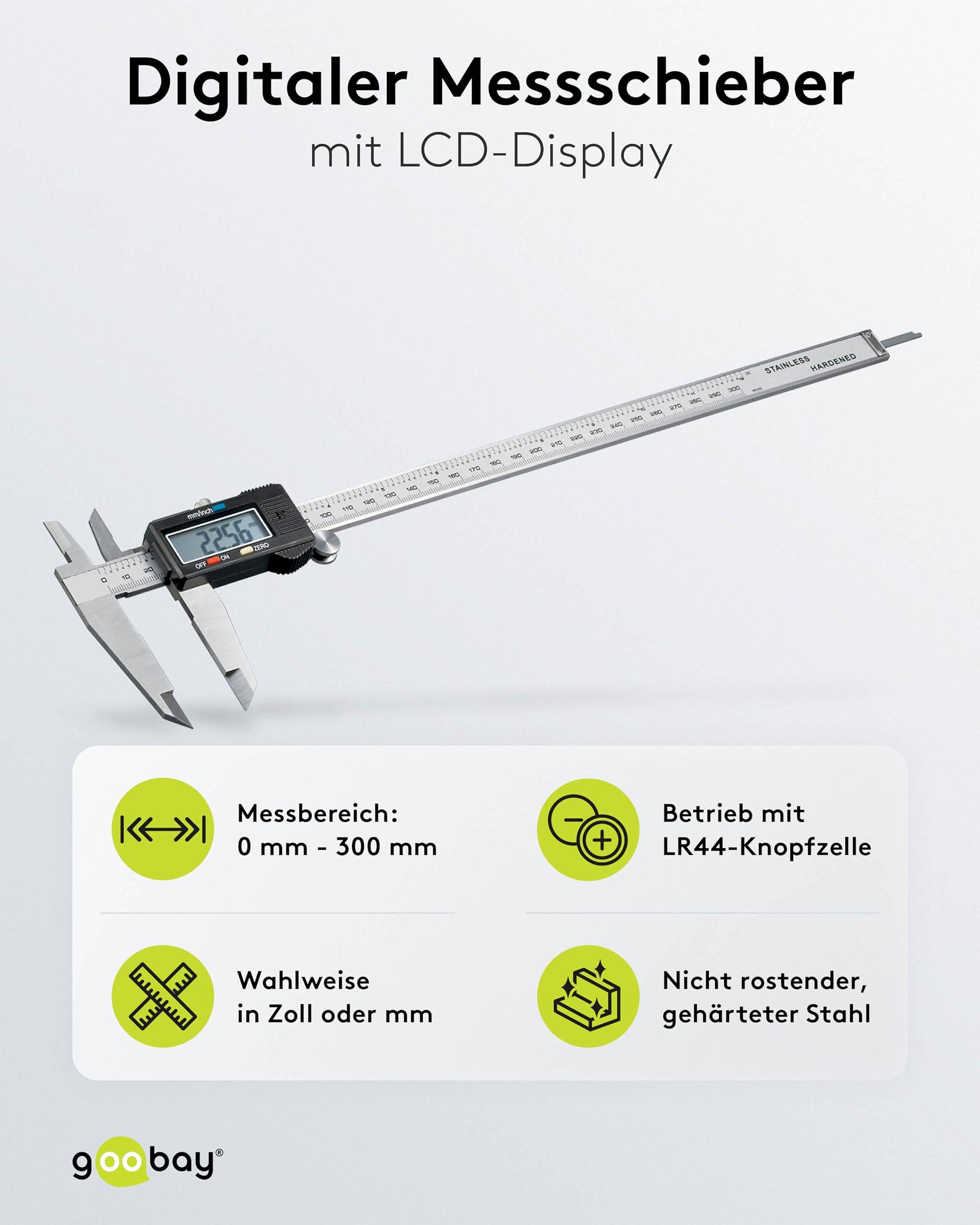 Goobay 77139 Digitaler Messschieber 300 mm Elektrische Schieblehre 12 Zoll für Tiefen-, Außen- & Stufenmessungen, Stahl-1