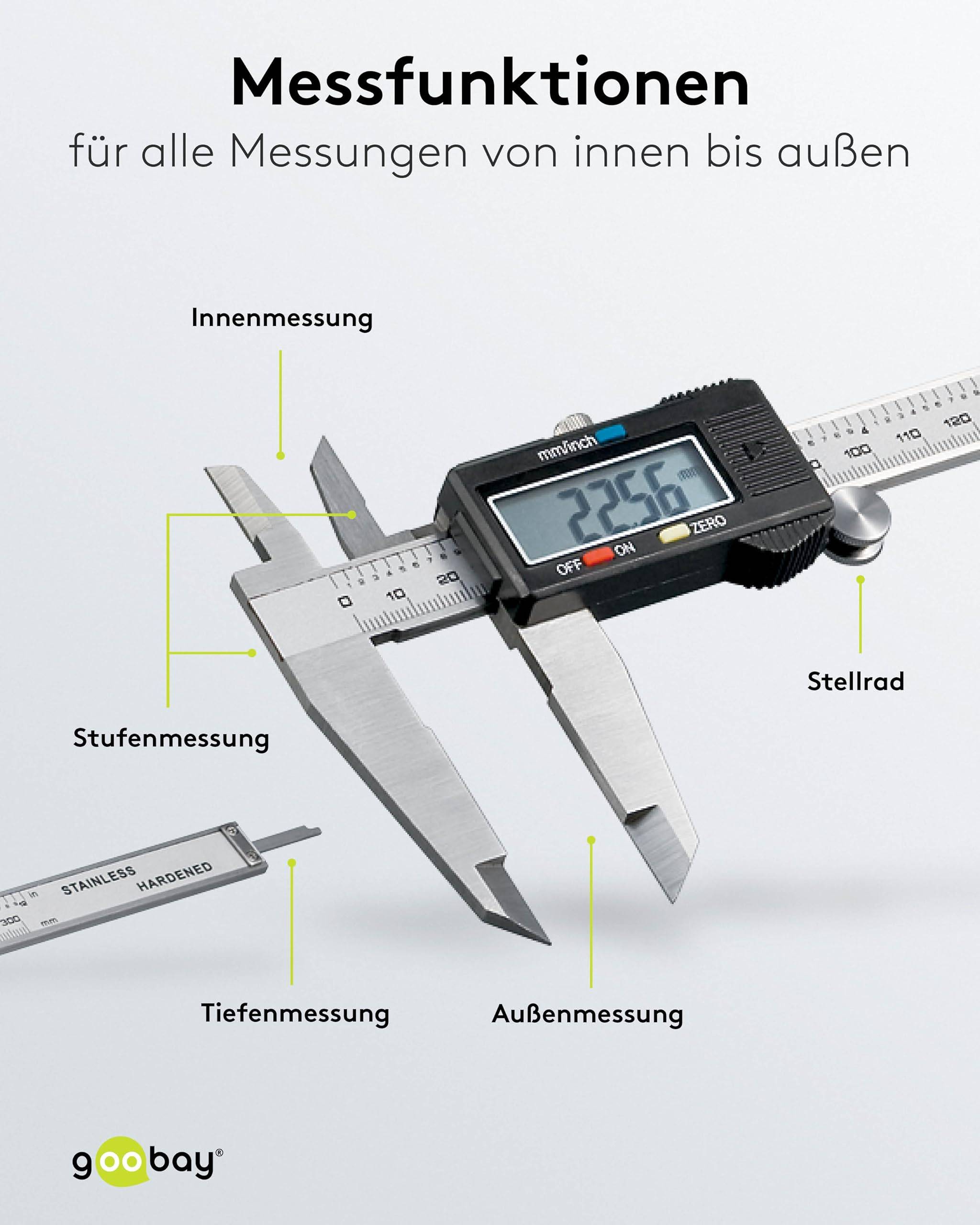 Goobay 77139 Digitaler Messschieber 300 mm Elektrische Schieblehre 12 Zoll für Tiefen-, Außen- & Stufenmessungen, Stahl-2