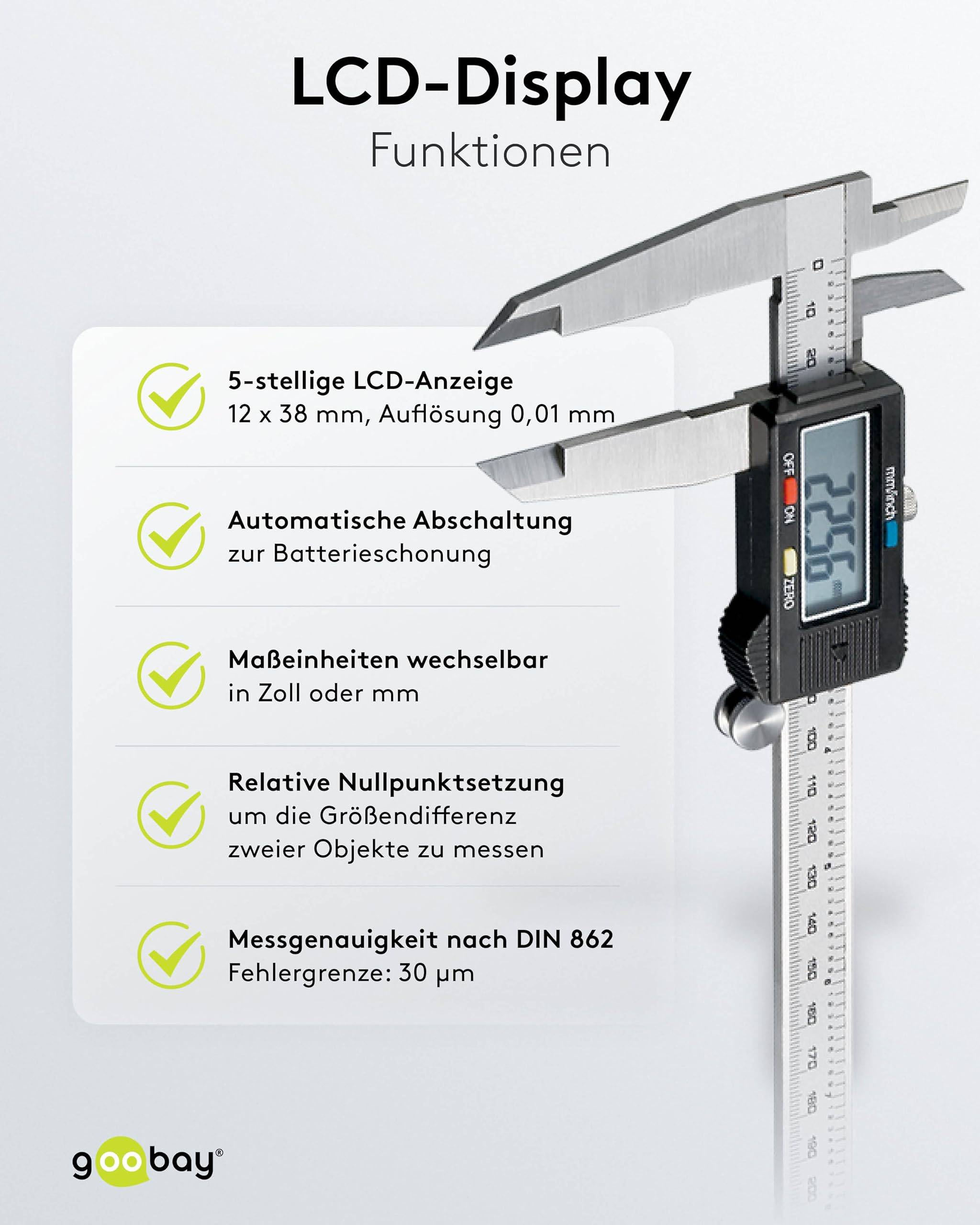 Goobay 77139 Digitaler Messschieber 300 mm Elektrische Schieblehre 12 Zoll für Tiefen-, Außen- & Stufenmessungen, Stahl-3