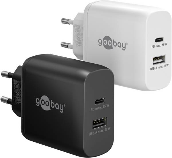 Goobay 65410 USB Netzteil 65W Schnellladegerät PD, 2fach Port 1x USB-C & 1x USB-A, Mini GaN Adapter Ladegerät, Weiß