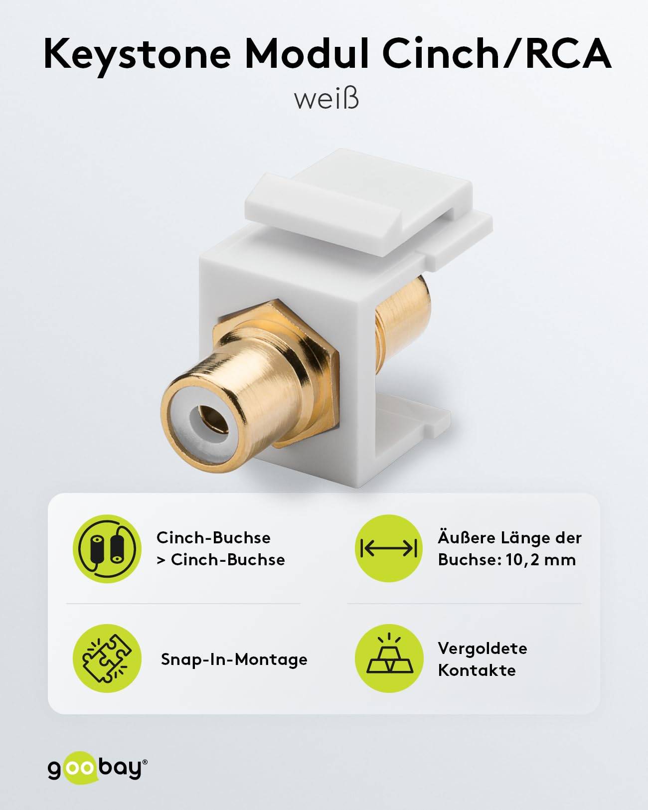 Goobay 79676 Keystone Modul Cinch / 2 Cinch-Buchsen für RCA Kabel & Cinchstecker / Cinchkabel Anschluss vergoldet / Weiß-1