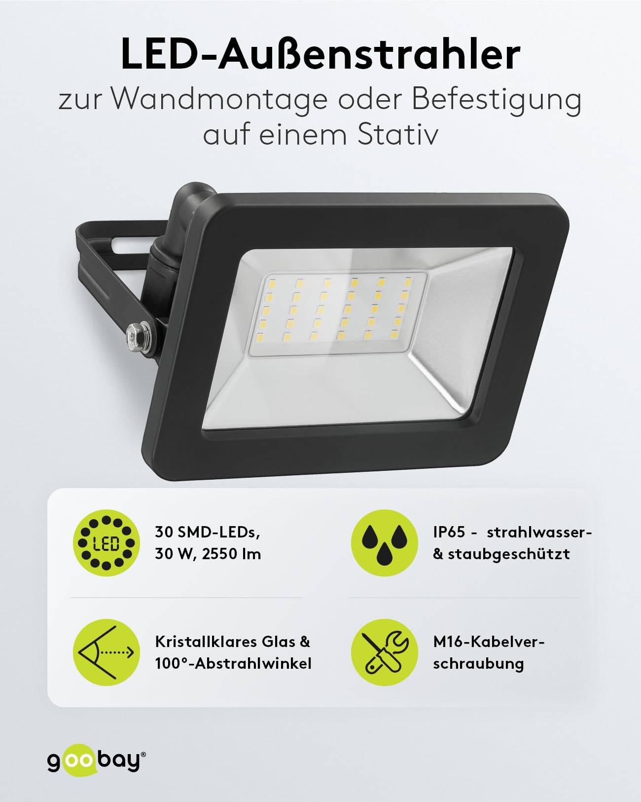 Goobay 53872 LED Strahler Außen 30W Außenstrahler 2550 lm / Scheinwerfer Wandmontage Fluter / Gartenstrahler / Schwarz-1