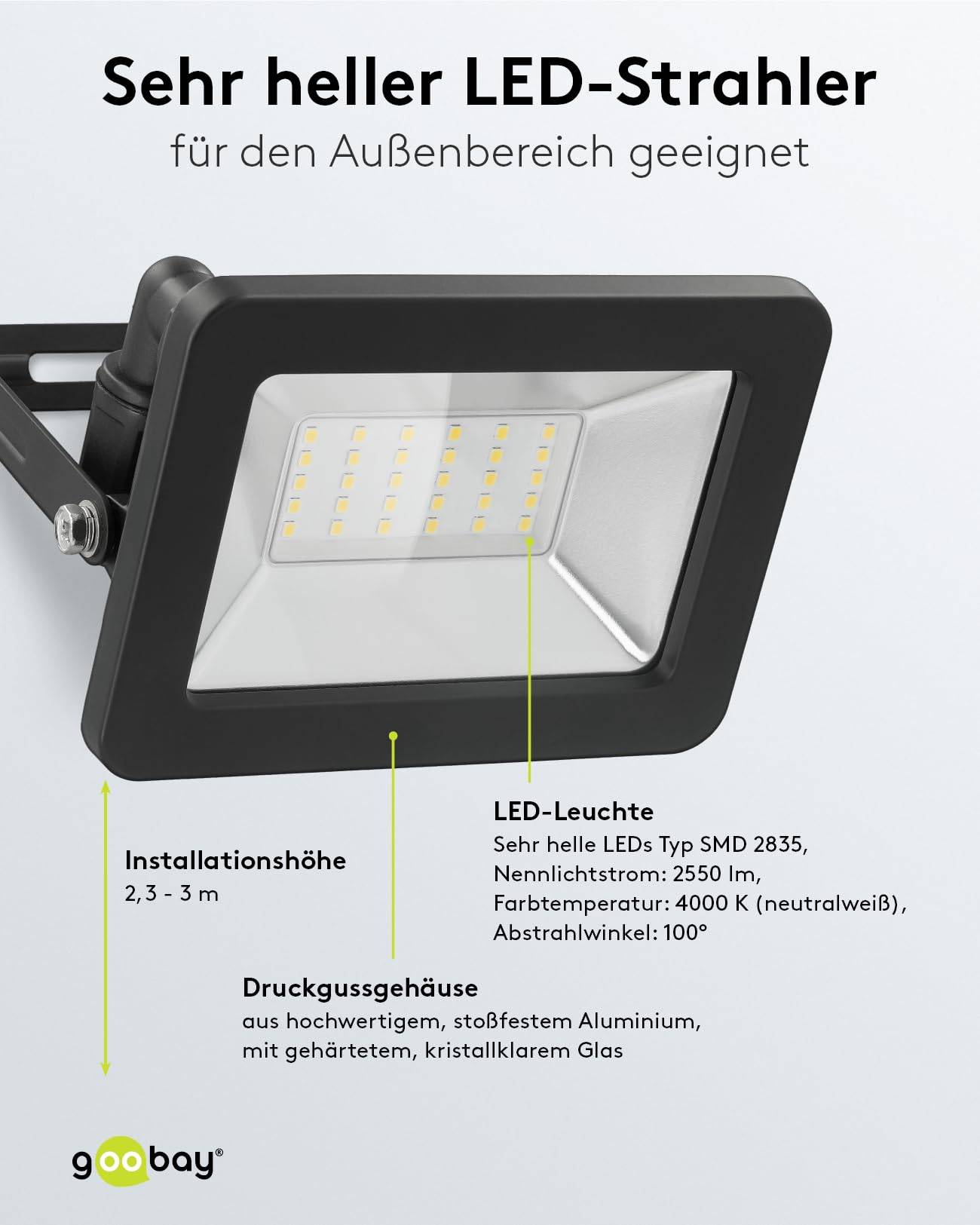 Goobay 53872 LED Strahler Außen 30W Außenstrahler 2550 lm / Scheinwerfer Wandmontage Fluter / Gartenstrahler / Schwarz-3
