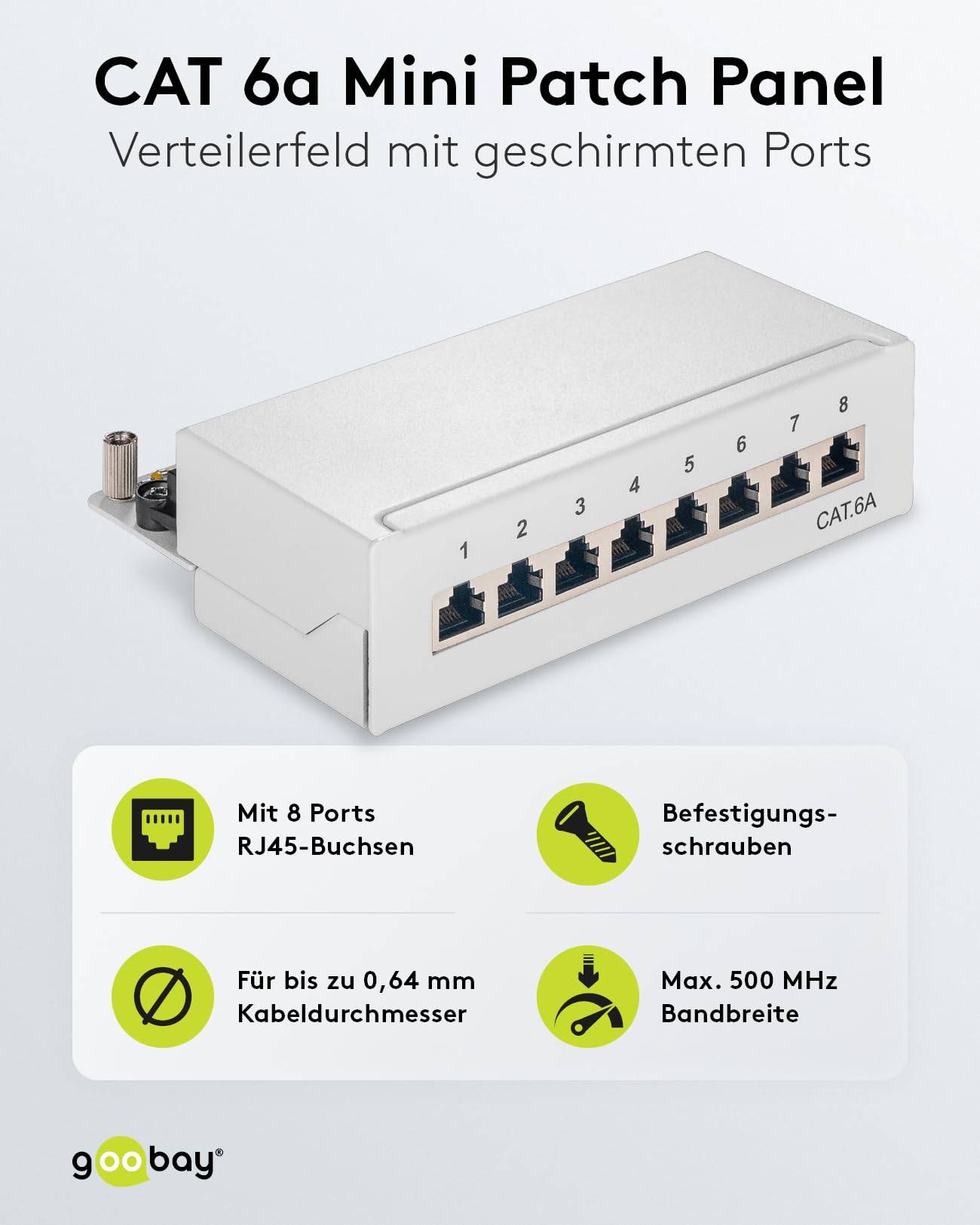Goobay 62063 CAT 6A Patch Panel 8 Port RJ45 Buchsen für Netzwerkkabel 500 MHz Patchfeld LAN Verteilerfeld Desktop Grau-2