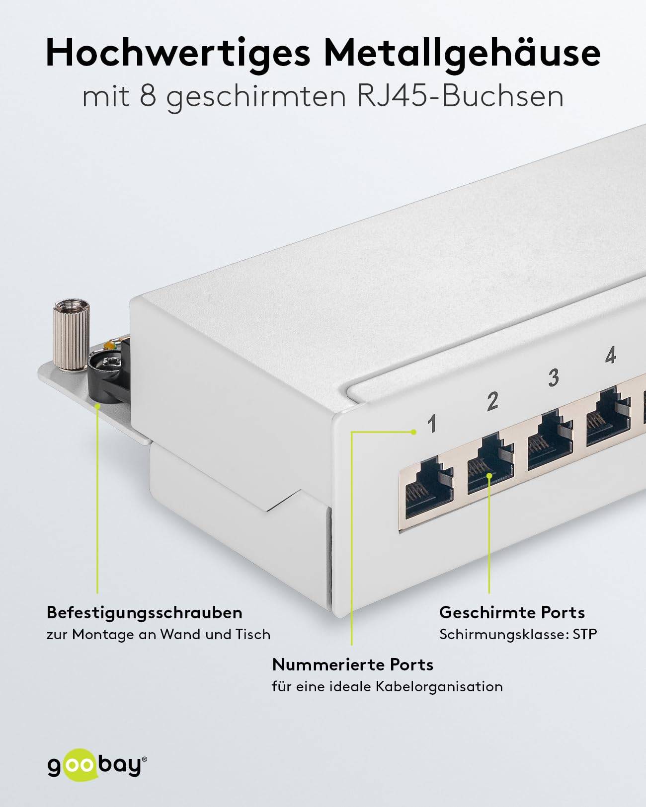 Goobay 62063 CAT 6A Patch Panel 8 Port RJ45 Buchsen für Netzwerkkabel 500 MHz Patchfeld LAN Verteilerfeld Desktop Grau-4
