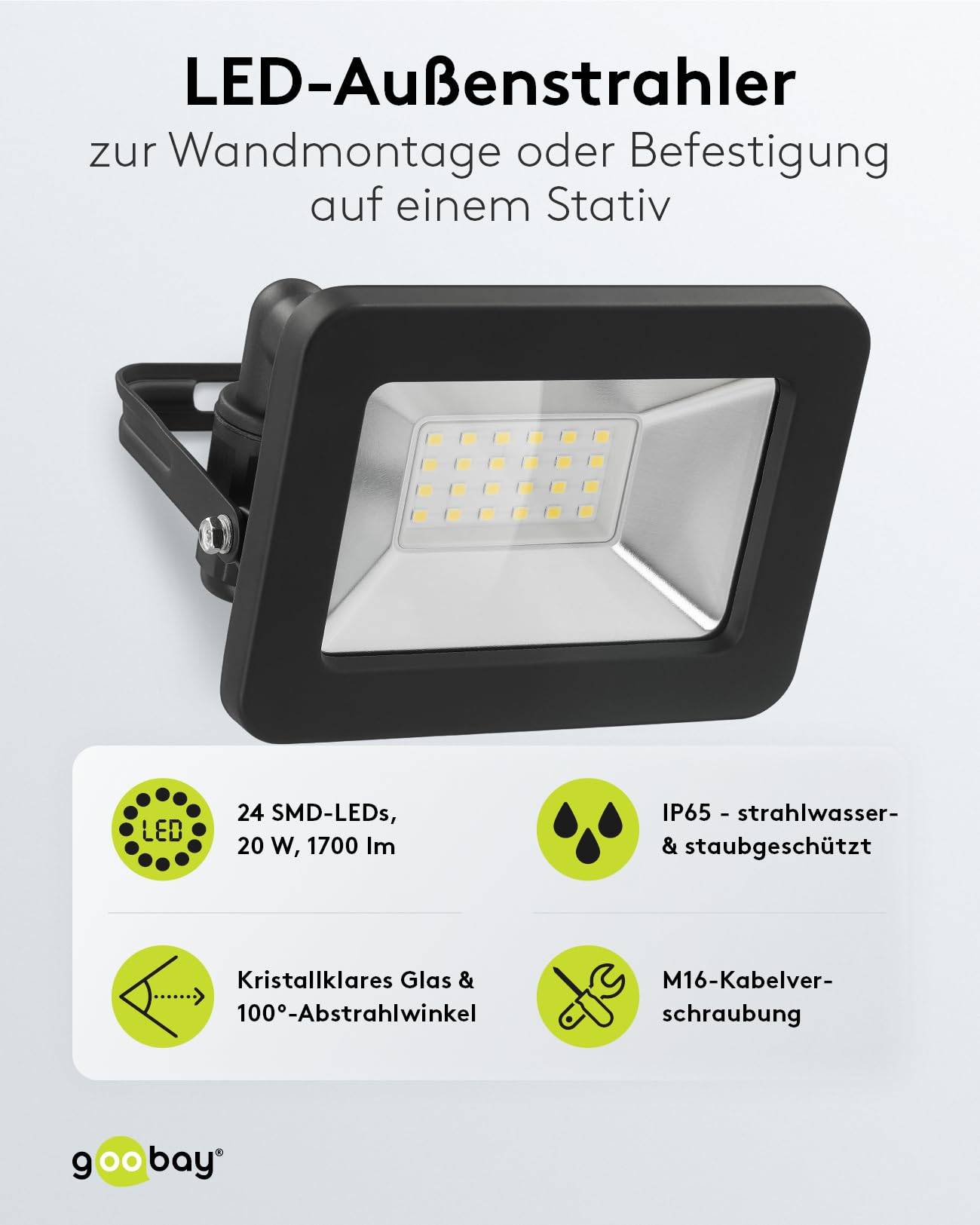 Goobay 53870 LED Strahler Außen 20W Außenstrahler 1700 lm / Scheinwerfer Wandmontage Fluter / Gartenstrahler / Schwarz-1