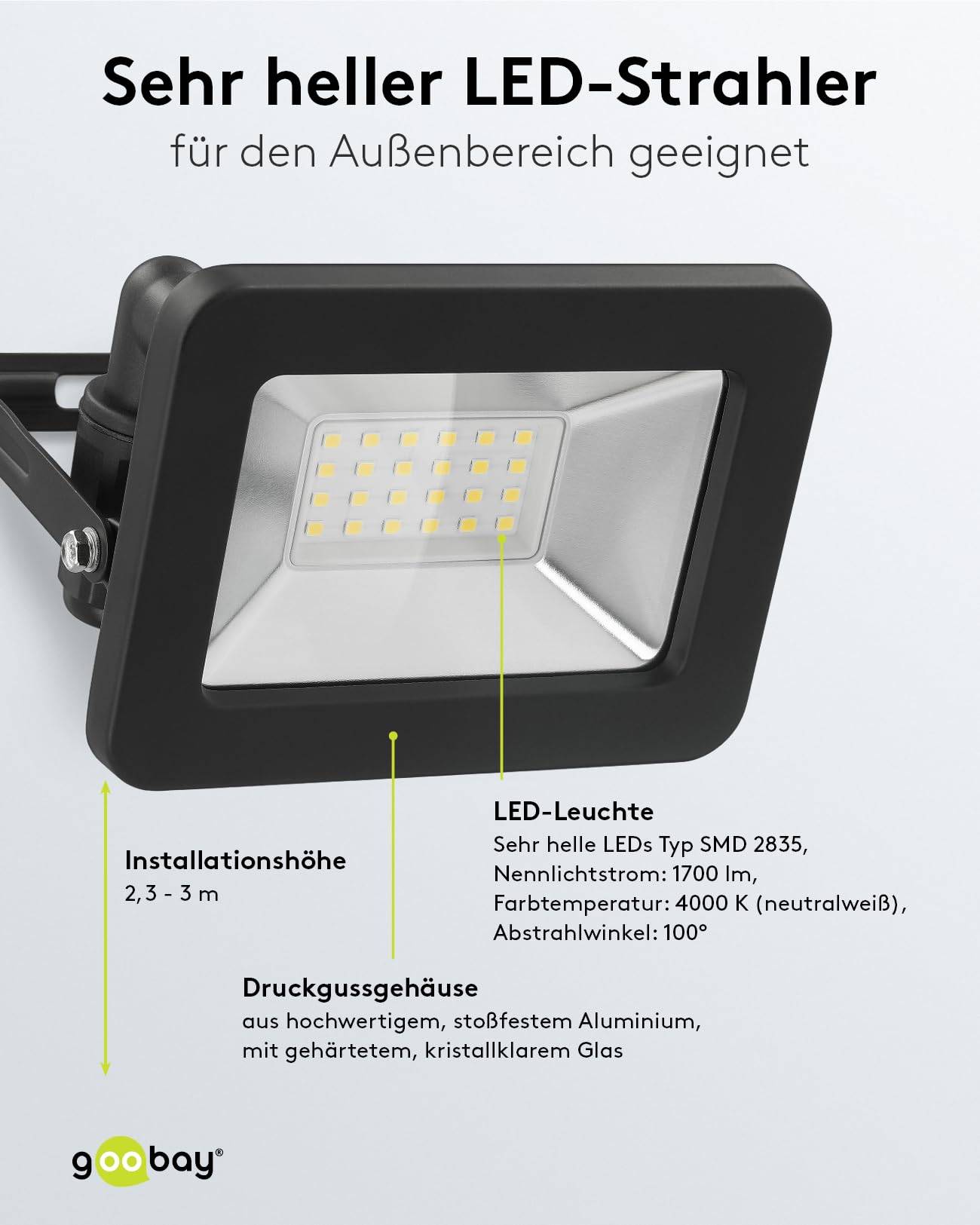 Goobay 53870 LED Strahler Außen 20W Außenstrahler 1700 lm / Scheinwerfer Wandmontage Fluter / Gartenstrahler / Schwarz-3