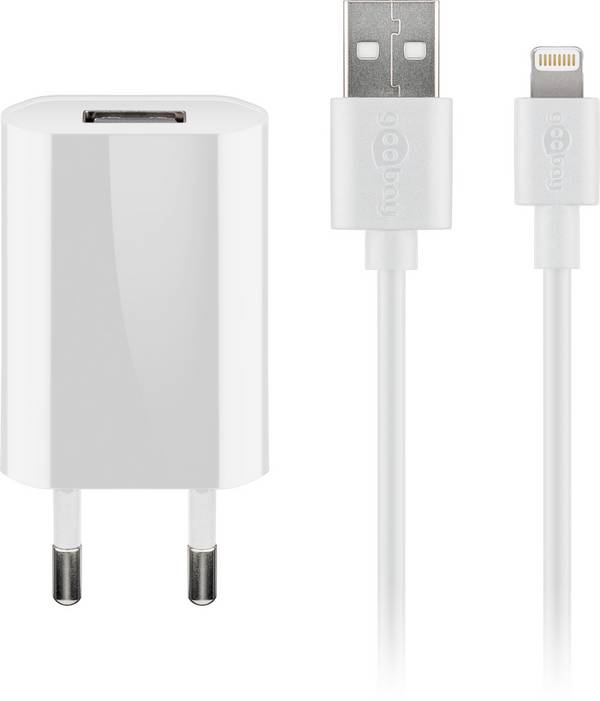 Goobay 44978 USB-A Netzteil 5W / Apple Lightning Ladekabel / iPhone Ladegerät / USB Adapter 5V 1A / Weiß / Kabel 1m