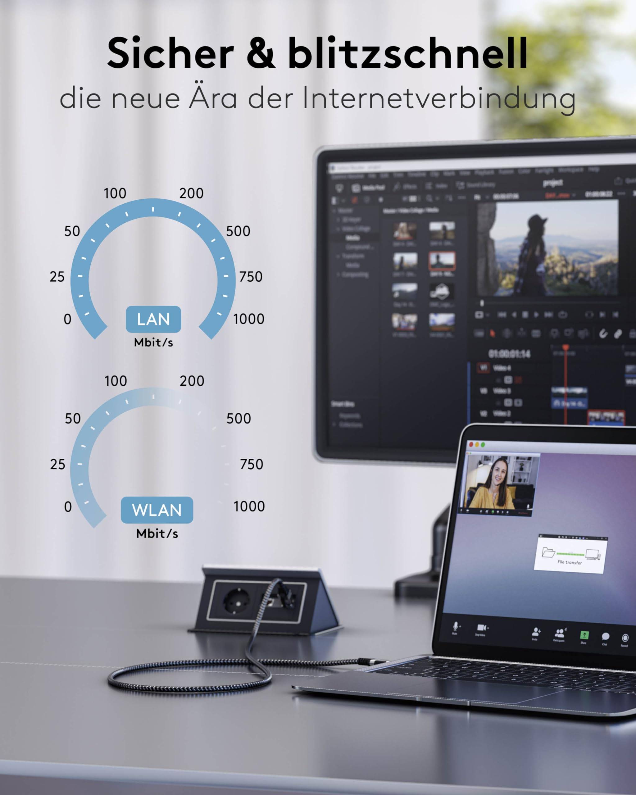 Goobay 70752 RJ45 Ethernet auf USB C 3.1 Kabel / FTP Internetkabel 1 Gbits / CAT 6 Netzwerkkabel / Textilkabel / 5m/sw-5