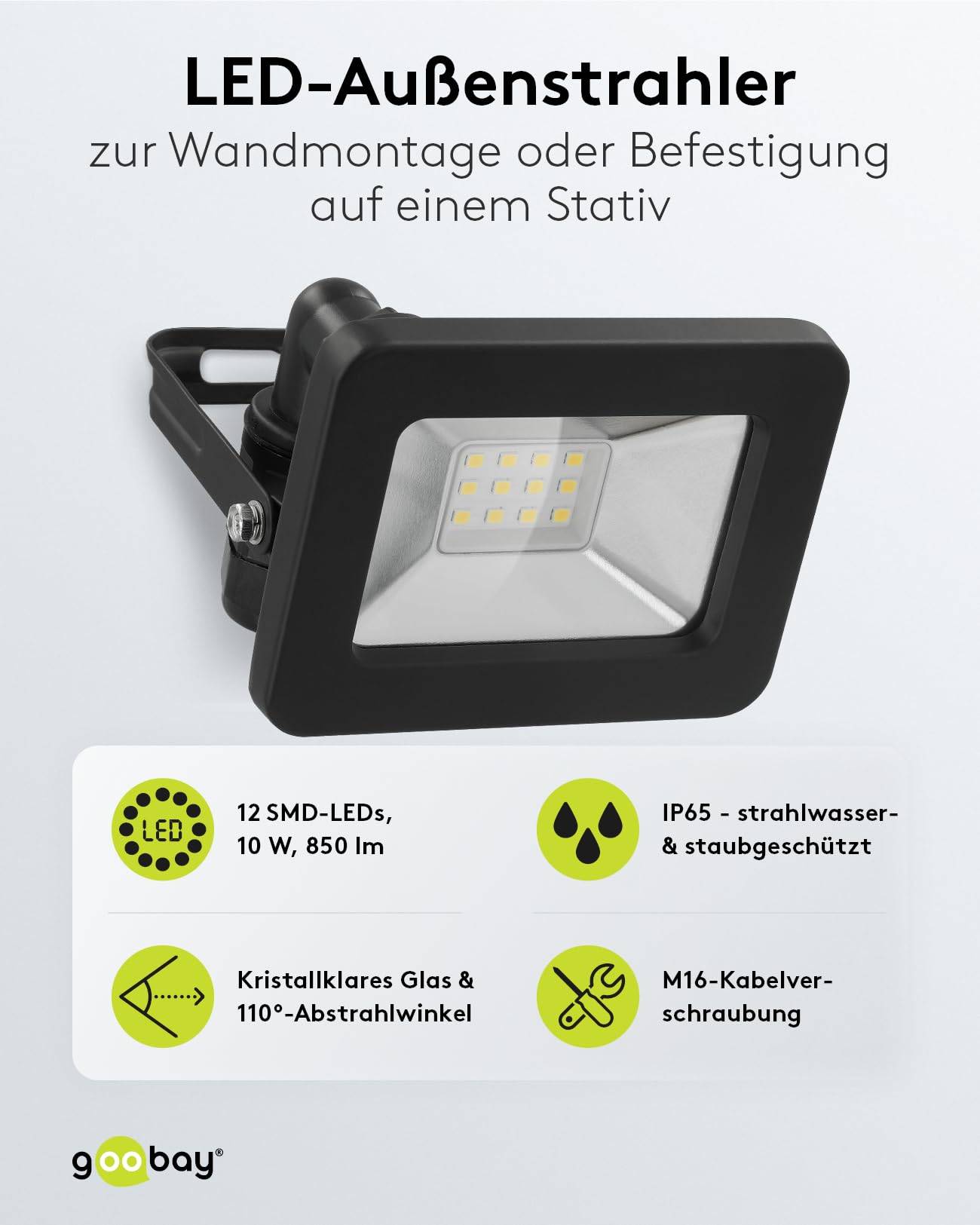 Goobay 53868 LED Strahler Außen 10W Außenstrahler 850 lm / Scheinwerfer Wandmontage Fluter / Gartenstrahler / Schwarz-1