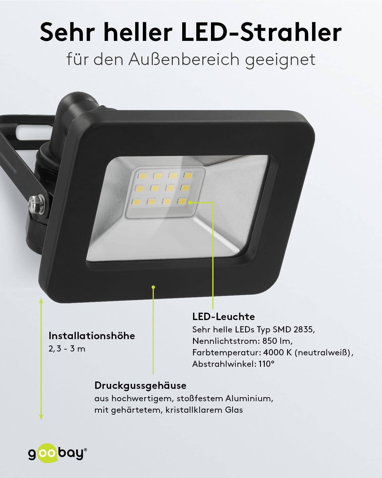 Goobay 53868 LED Strahler Außen 10W Außenstrahler 850 lm / Scheinwerfer Wandmontage Fluter / Gartenstrahler / Schwarz-3