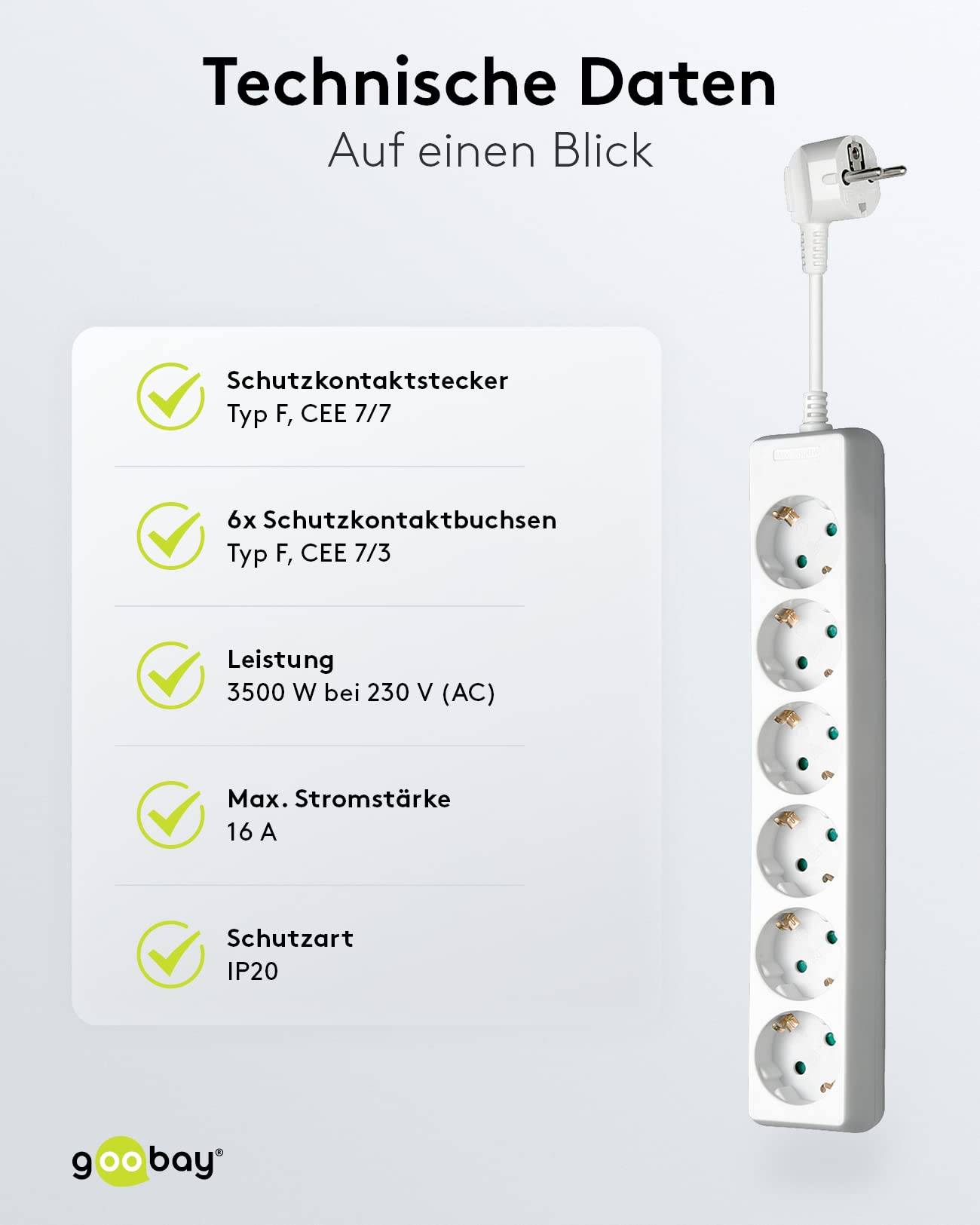 Goobay 38840 Steckdosenleiste mit 45° Buchsen 3500W 6er Mehrfachsteckdose 6 fach Steckdose Schutzkontakt 5m Kabel Weiß-2