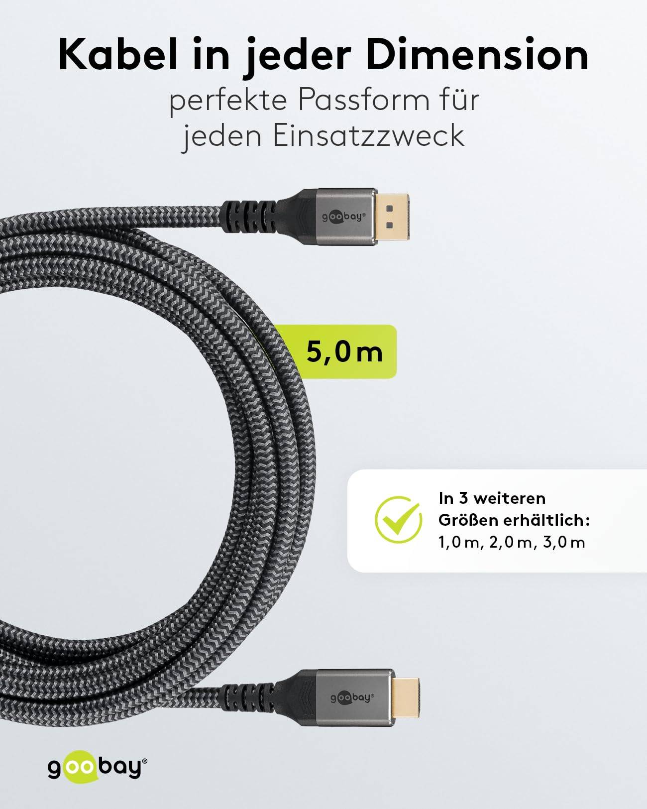 Goobay Plus 65271 DisplayPort auf HDMI Kabel Gaming Monitorkabel UHD 4K @ 60Hz Textilkabel Shark Skin 18 Gbit/s Grau 5m-4