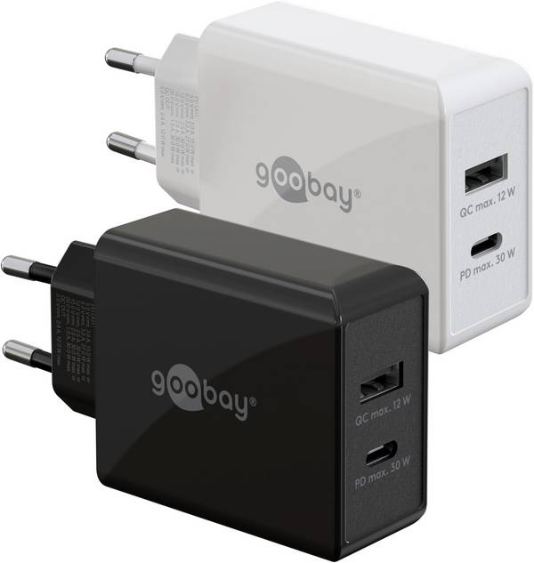 Goobay 61674 Dual Port USB Netzteil 30W / Schnellladegerät PD & QC / USB-A & USB-C Adapter / USB Charger Ladegerät Weiß