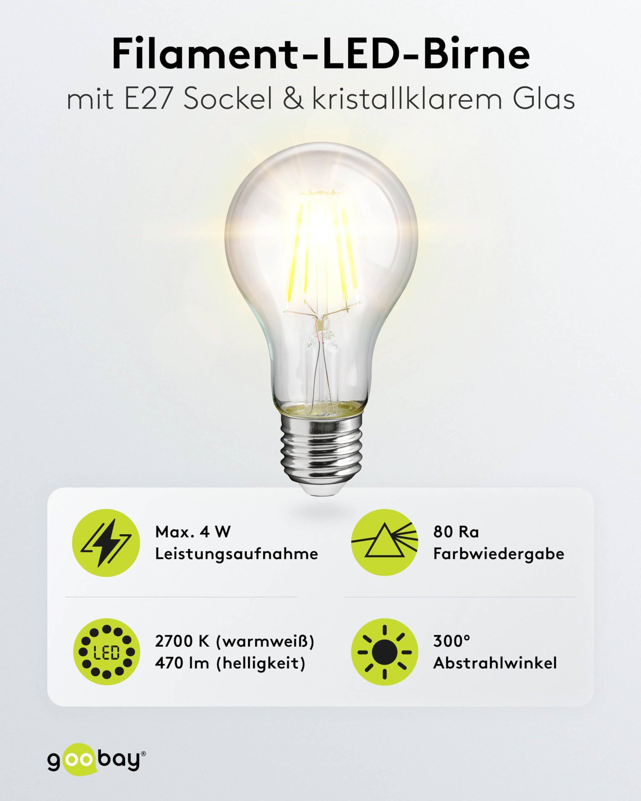 Goobay 65395 LED Glühbirne E27 Leuchtmittel 4 Watt / LED Birne warmweiß 2700 K / Sockel E27 / LED Glühlampe Filament-1