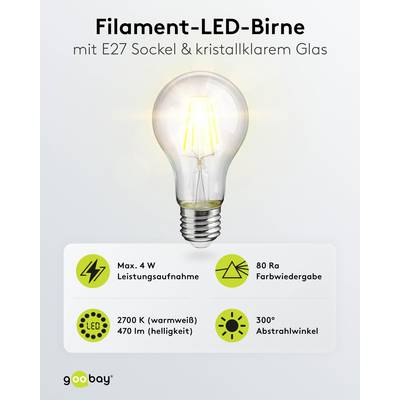 Goobay 65395 LED Glühbirne E27 Leuchtmittel 4 Watt / LED Birne warmweiß 2700 K / Sockel E27 / LED Glühlampe Filament-1