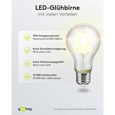 Goobay 65395 LED Glühbirne E27 Leuchtmittel 4 Watt / LED Birne warmweiß 2700 K / Sockel E27 / LED Glühlampe Filament-4
