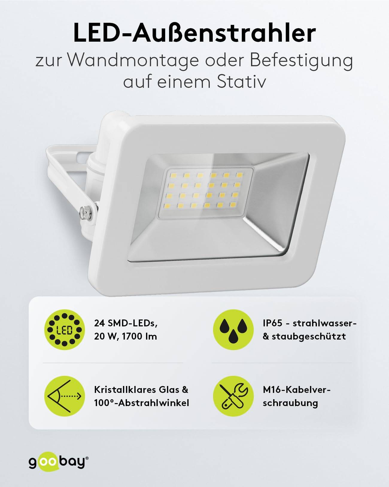 Goobay 53871 LED Strahler Außen 20W Außenstrahler 1700 lm / Scheinwerfer Wandmontage Fluter / IP56 Gartenstrahler / Weiß-1