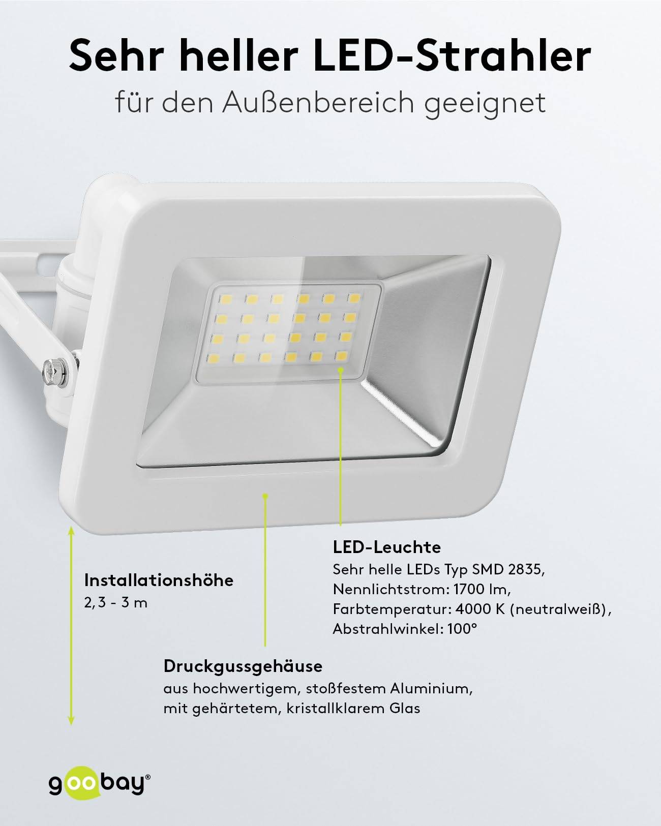 Goobay 53871 LED Strahler Außen 20W Außenstrahler 1700 lm / Scheinwerfer Wandmontage Fluter / IP56 Gartenstrahler / Weiß-3