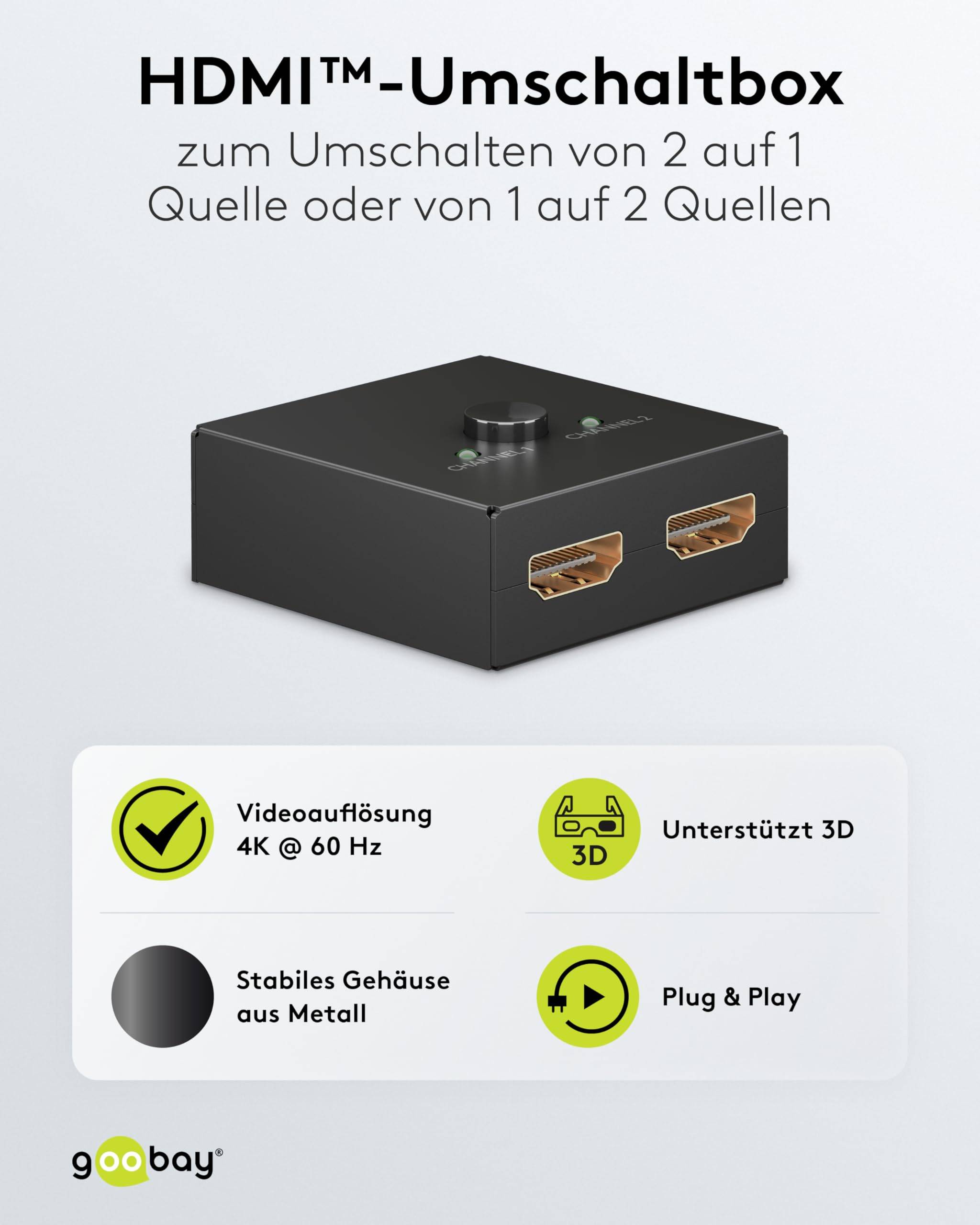 Goobay 58486 HDMI Umschalter 2 in 1 out HDMI Kabel 4K @ 60Hz Manuell HDMI Switch 18 Gbit/s Umschaltbox HDMI Weiche eARC-1