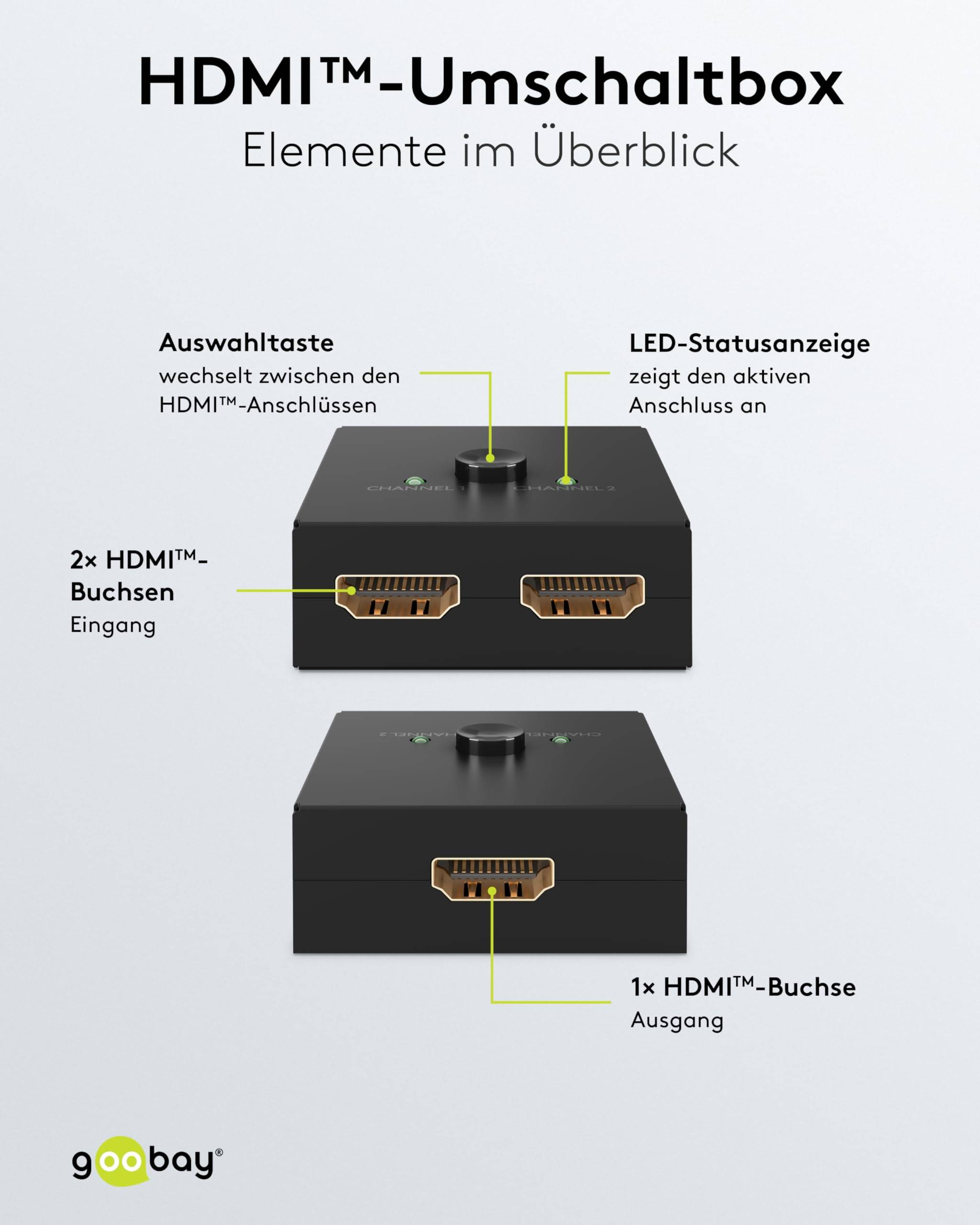 Goobay 58486 HDMI Umschalter 2 in 1 out HDMI Kabel 4K @ 60Hz Manuell HDMI Switch 18 Gbit/s Umschaltbox HDMI Weiche eARC-3