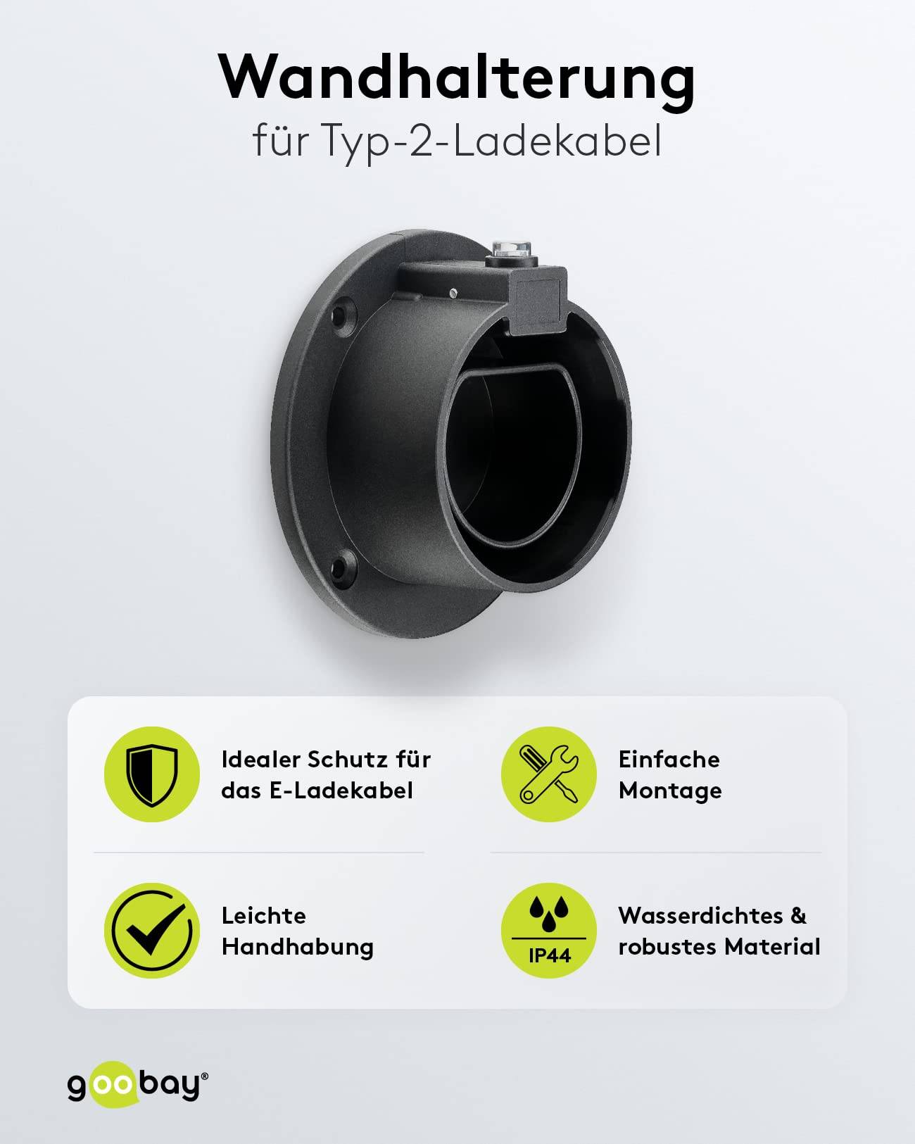 Goobay 61141 Wandhalterung Typ 2 Ladekabel Hybrid & E-Auto Stecker Schutz Halterung für Wallbox Kabelhalter Wand Schwarz-1