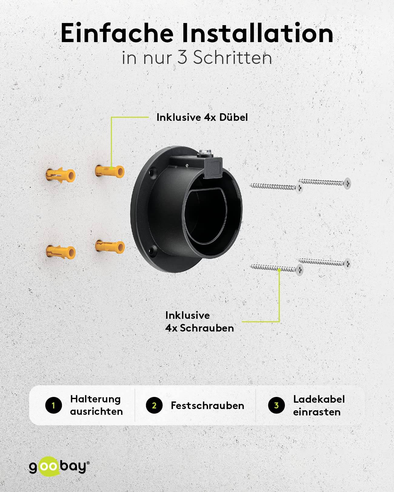 Goobay 61141 Wandhalterung Typ 2 Ladekabel Hybrid & E-Auto Stecker Schutz Halterung für Wallbox Kabelhalter Wand Schwarz-4