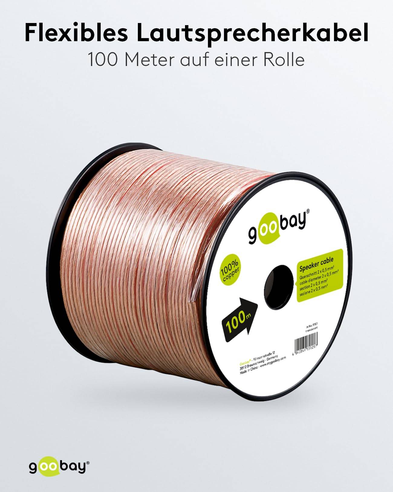 Goobay 15121 Lautsprecherkabel 2x 0,5 mm² Kupferlitze / Audiokabel Boxenkabel Kupferkabel Meterware / Transparent 100m-4